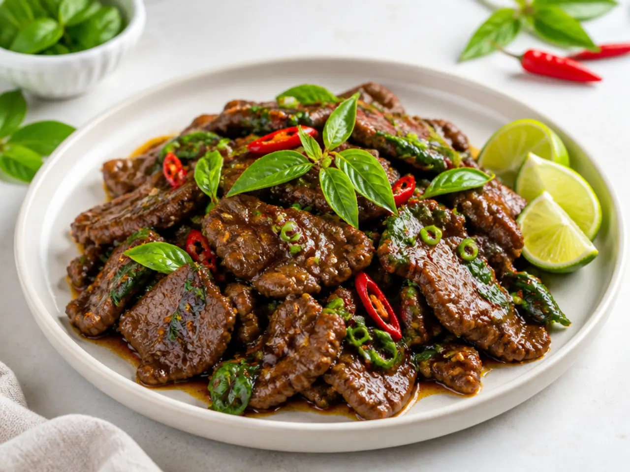 Creative coconut-lime spicy Mongolian beef with Thai basil