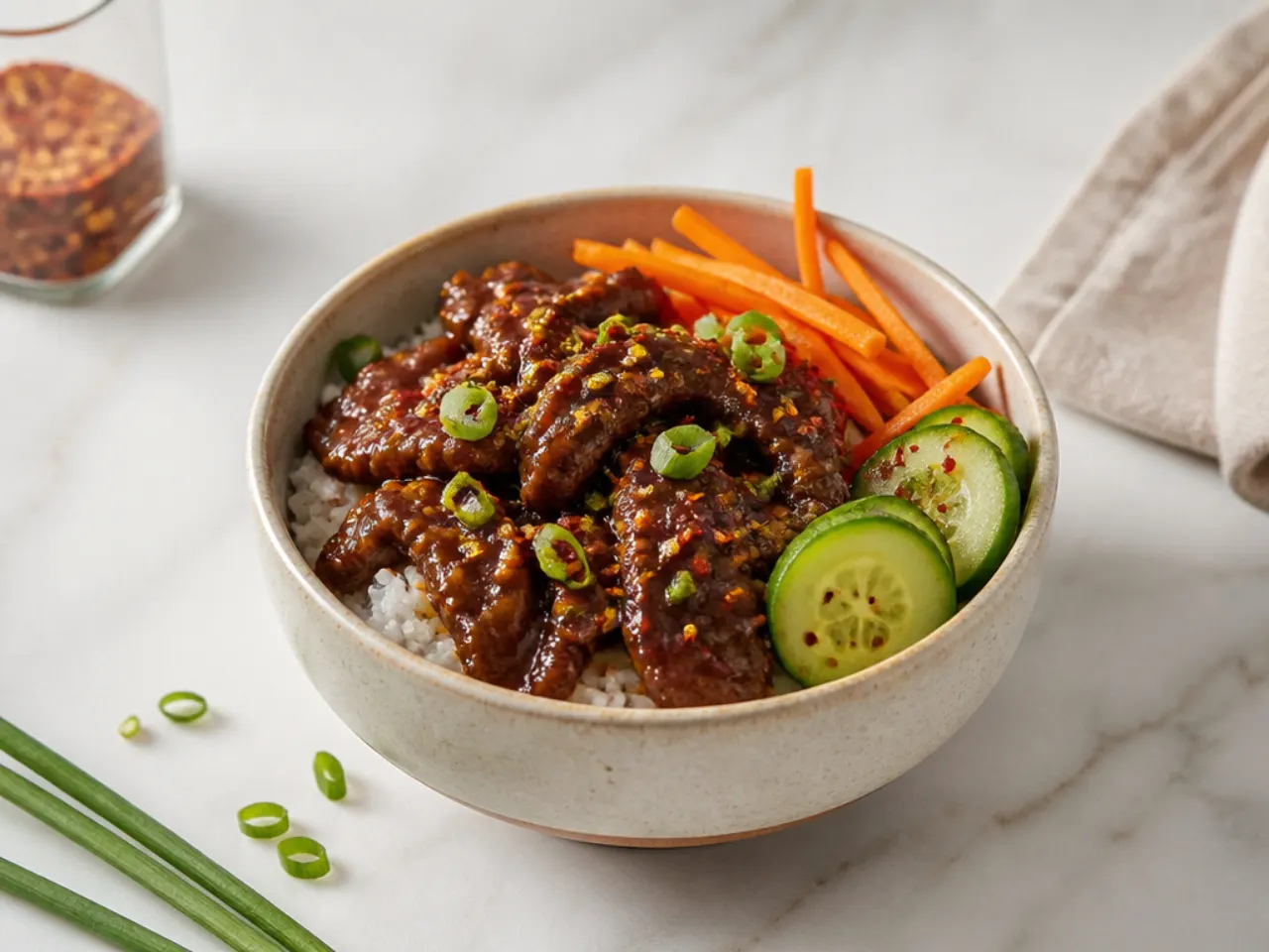 Charming mini spicy Mongolian beef rice bowls with fresh toppings