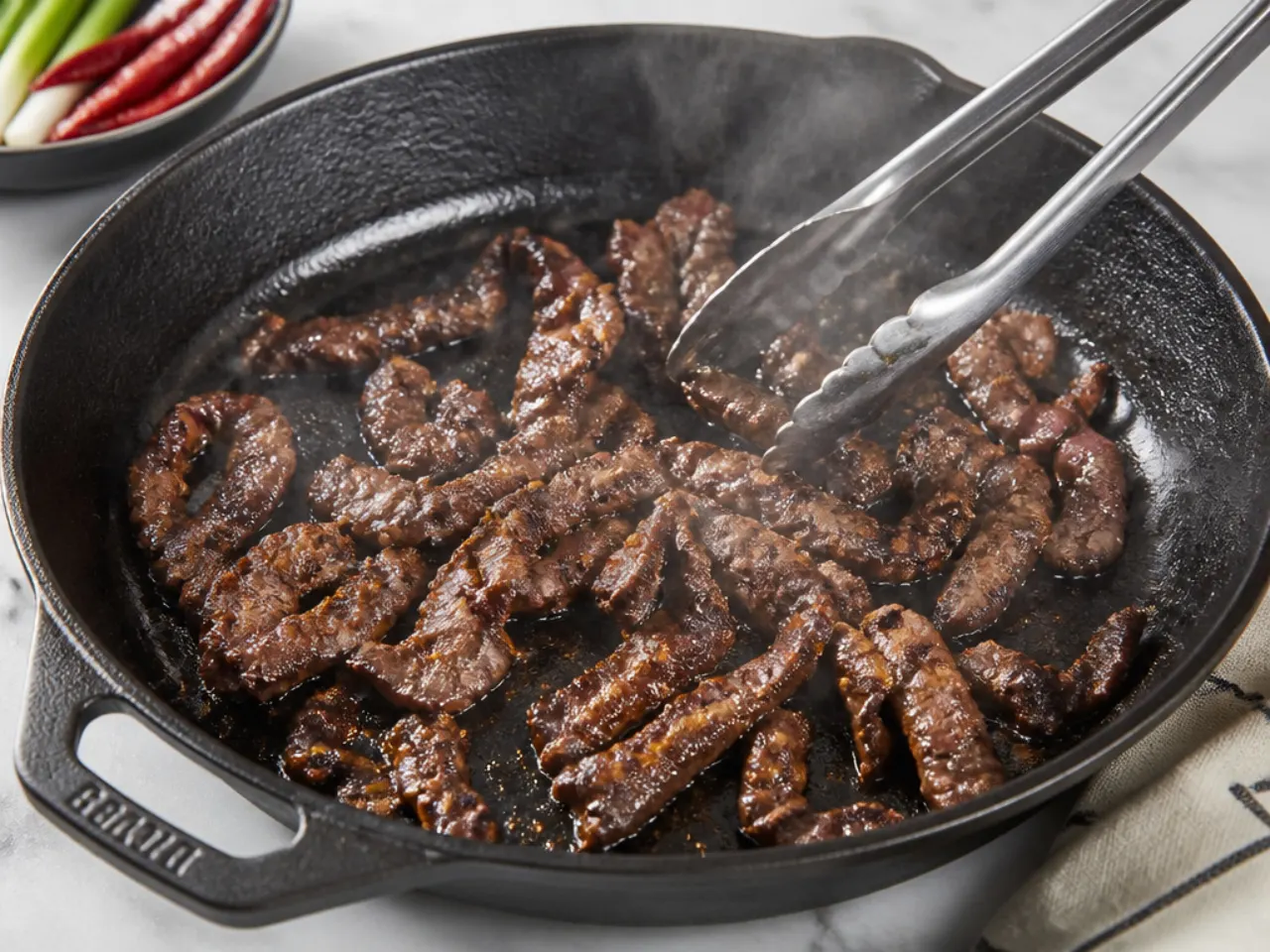 Pro tips for crispy spicy Mongolian beef, searing sliced flank steak