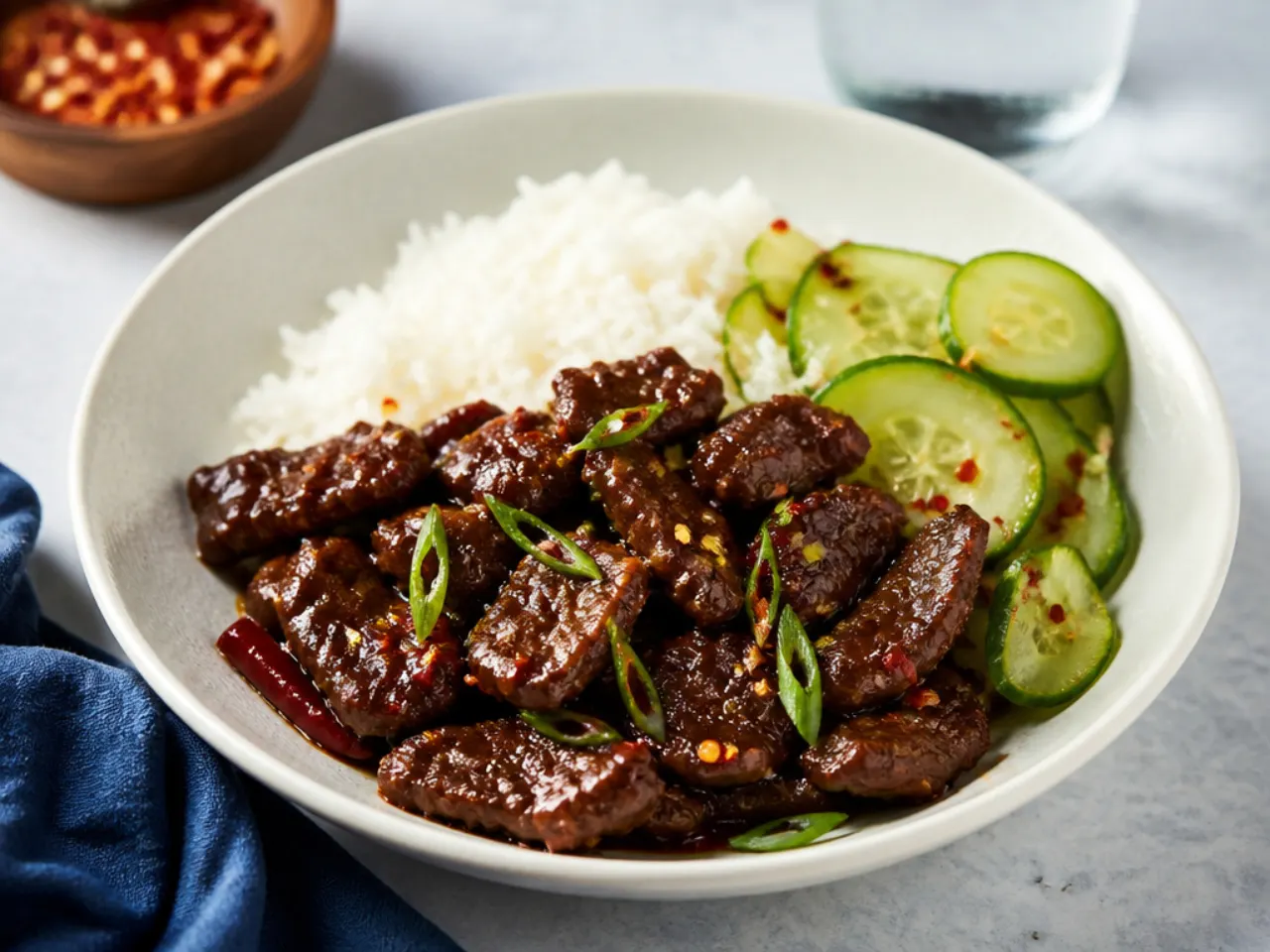 Spicy Mongolian beef served with steamed rice and cucumber salad