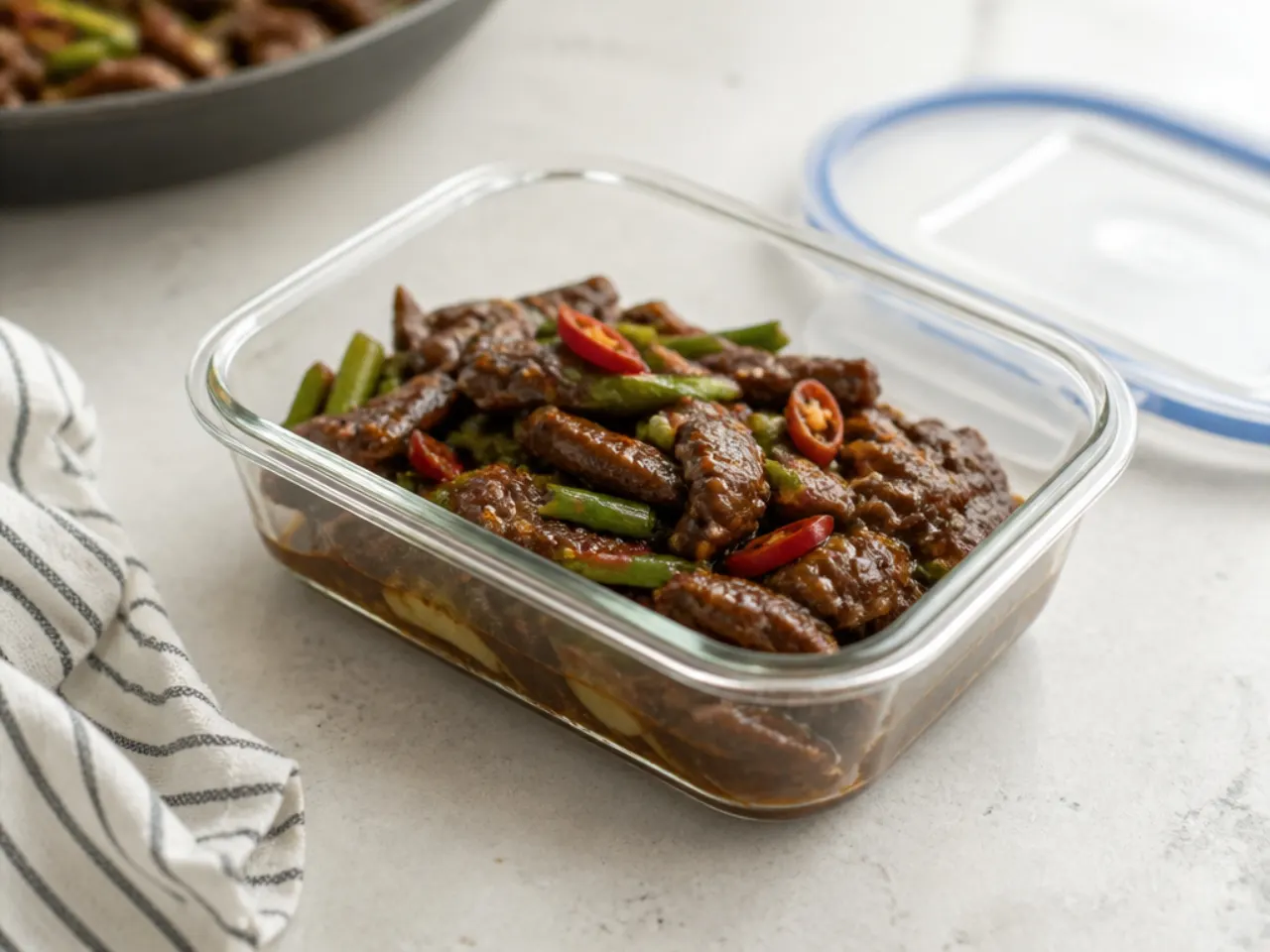 Storing and reheating spicy Mongolian beef leftovers in a container