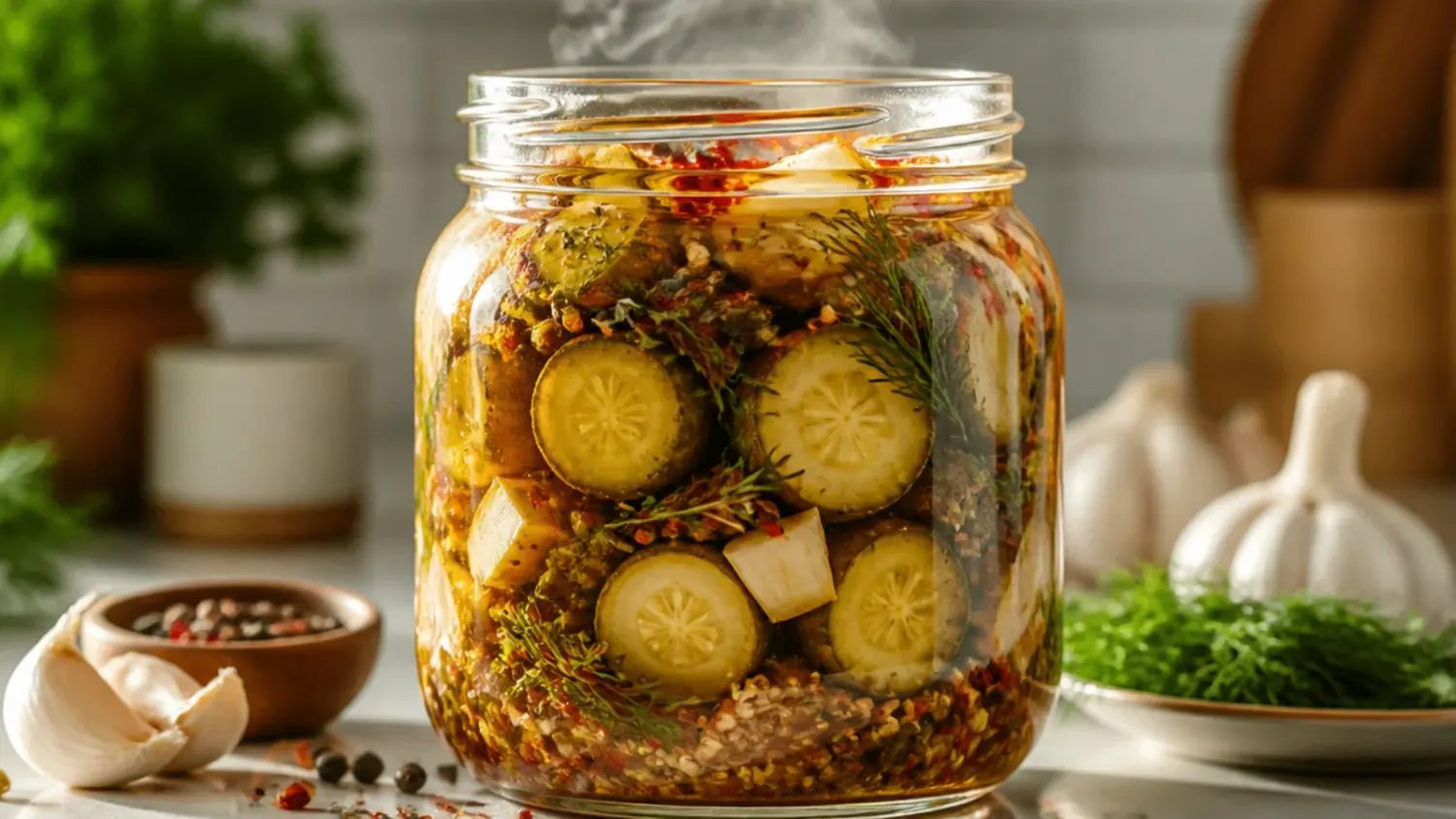 Glass jar filled with sliced spicy refrigerator pickles, garlic cloves, dill sprigs and red chilli rounds in a spiced vinegar brine