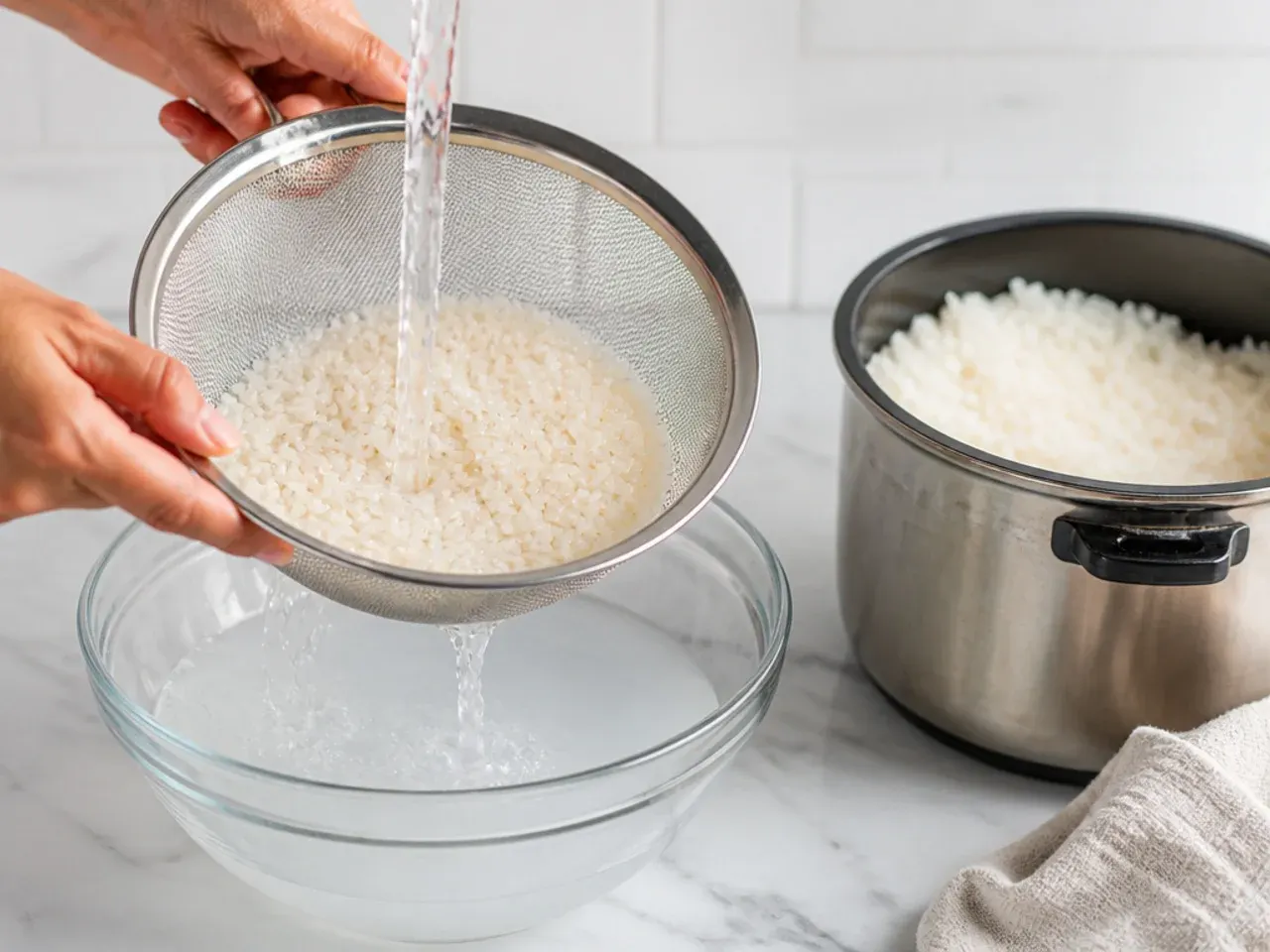 spicy tuna sushi bowl — step 1: rinse and cook the rice