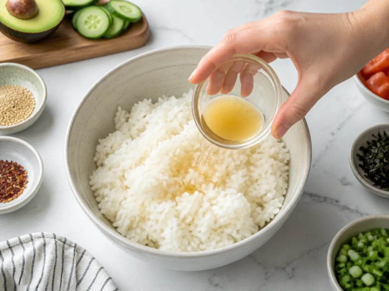 spicy tuna sushi bowl — step 2: season the rice