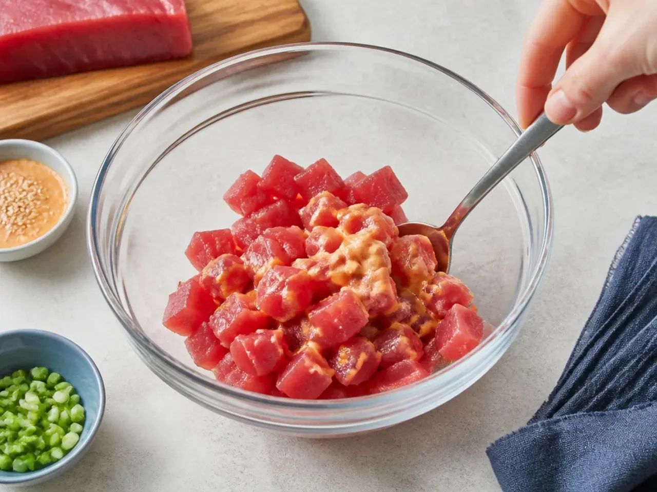 spicy tuna sushi bowl — step 4: prep the tuna