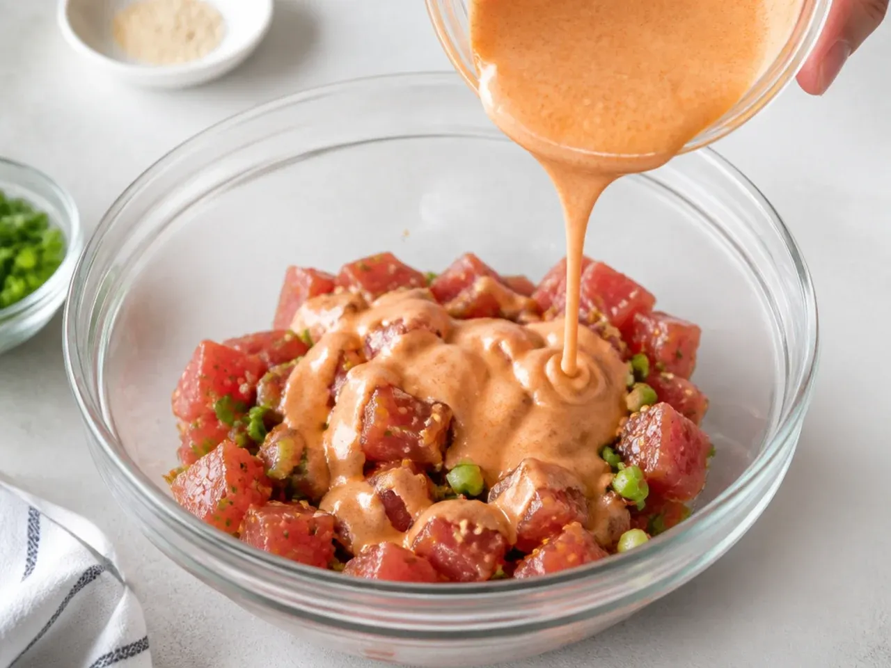 spicy tuna sushi bowl — step 5: dress the spicy tuna