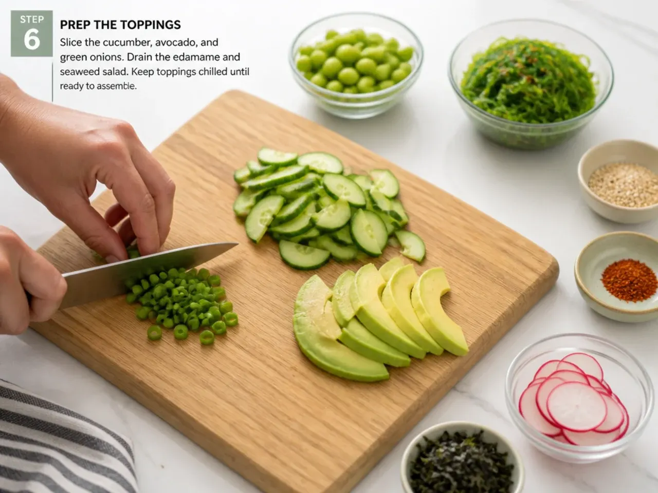 spicy tuna sushi bowl — step 6: prep the toppings