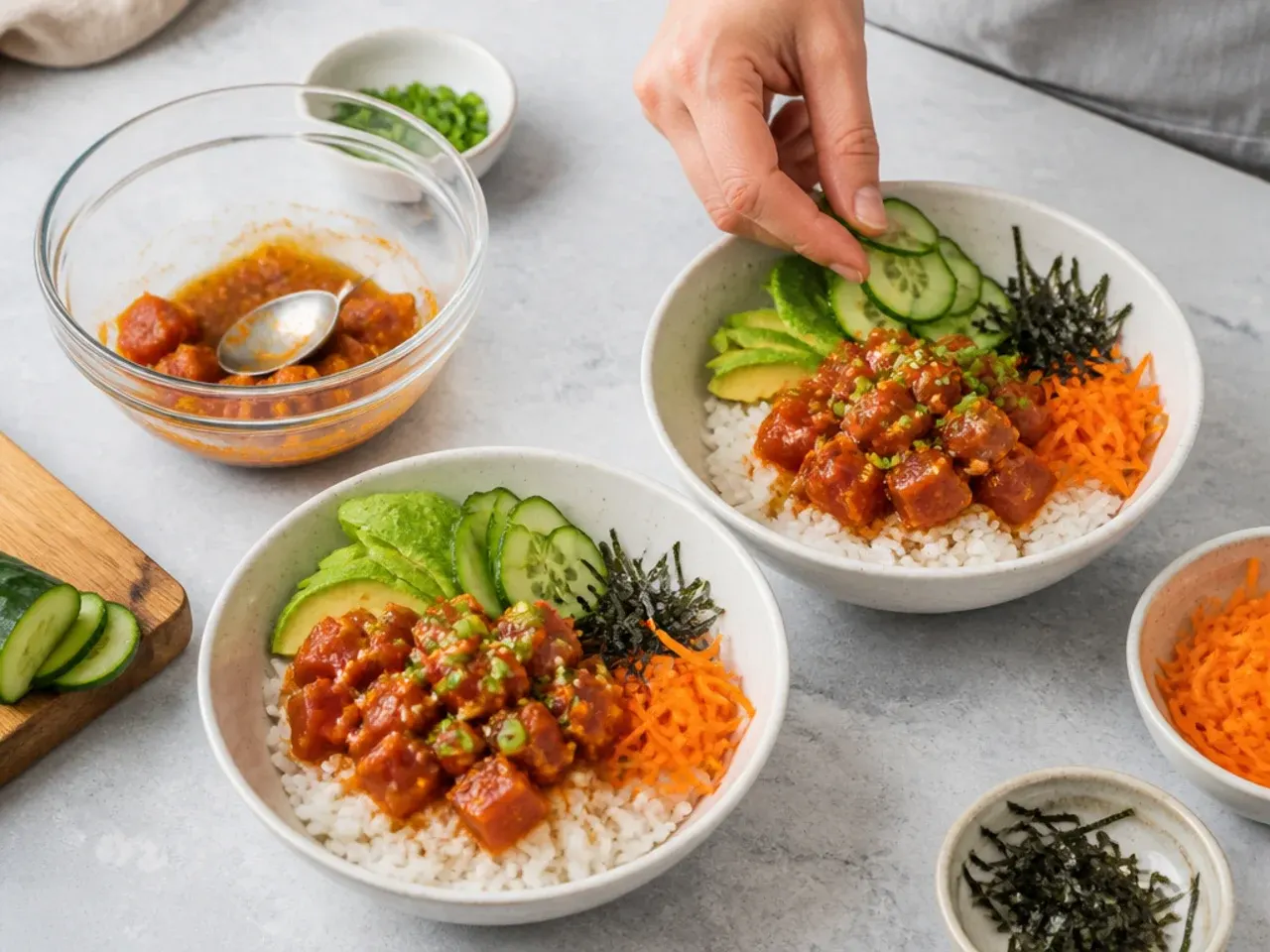 spicy tuna sushi bowl — step 7: assemble the bowls