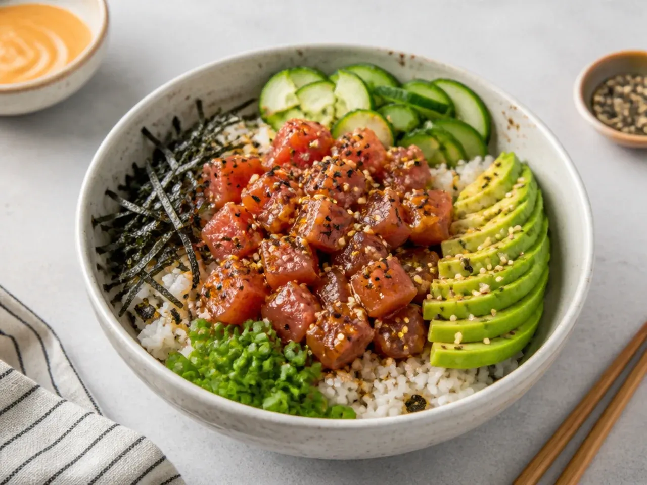 Spicy tuna sushi bowl with seasoned rice, avocado, cucumber and sesame seeds