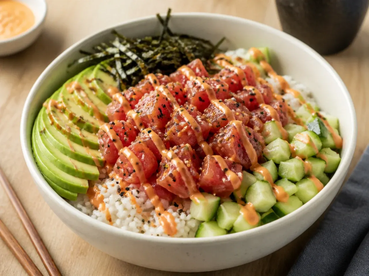 Classic spicy tuna sushi bowl with avocado, cucumber and spicy mayo drizzle