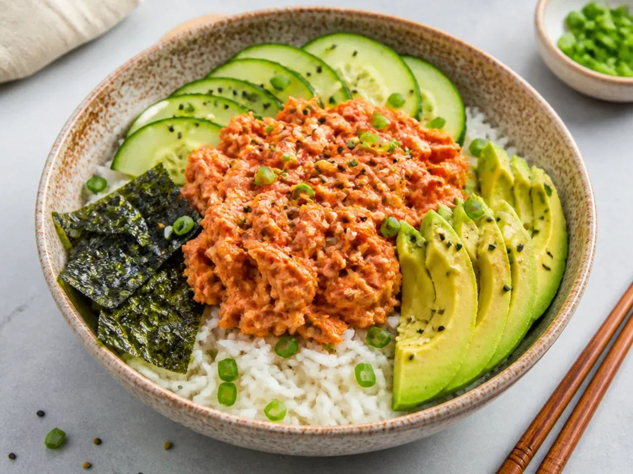 Easy canned tuna sushi bowl over rice with cucumber and avocado