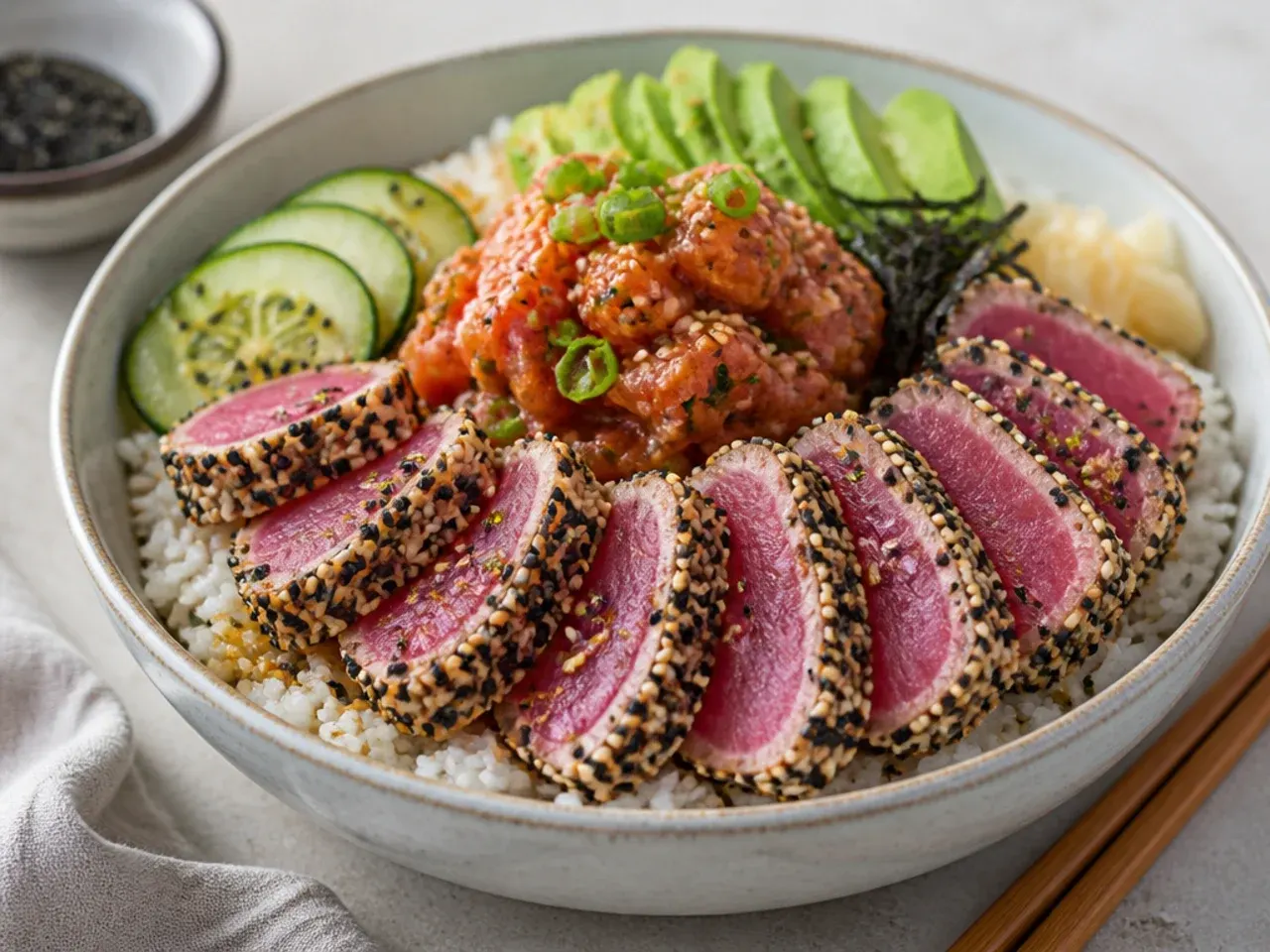Seared ahi tuna sushi bowl with sesame crust fanned over sushi rice