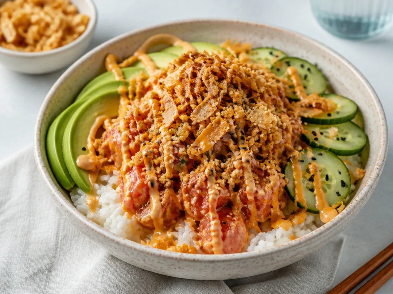 Spicy tuna crunch bowl topped with tempura flakes and crispy shallots