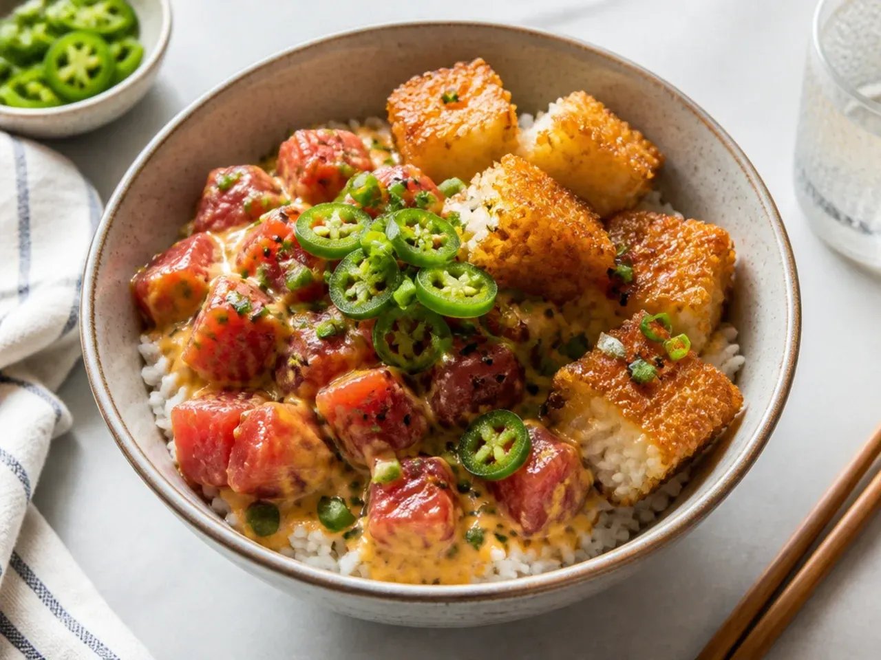 Crispy rice spicy tuna bowl with golden fried rice squares and jalapeno