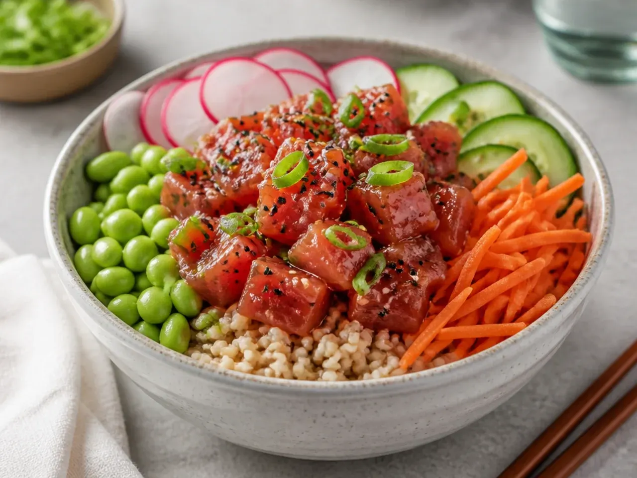 Brown rice poke-style spicy tuna bowl with edamame, carrot and radish