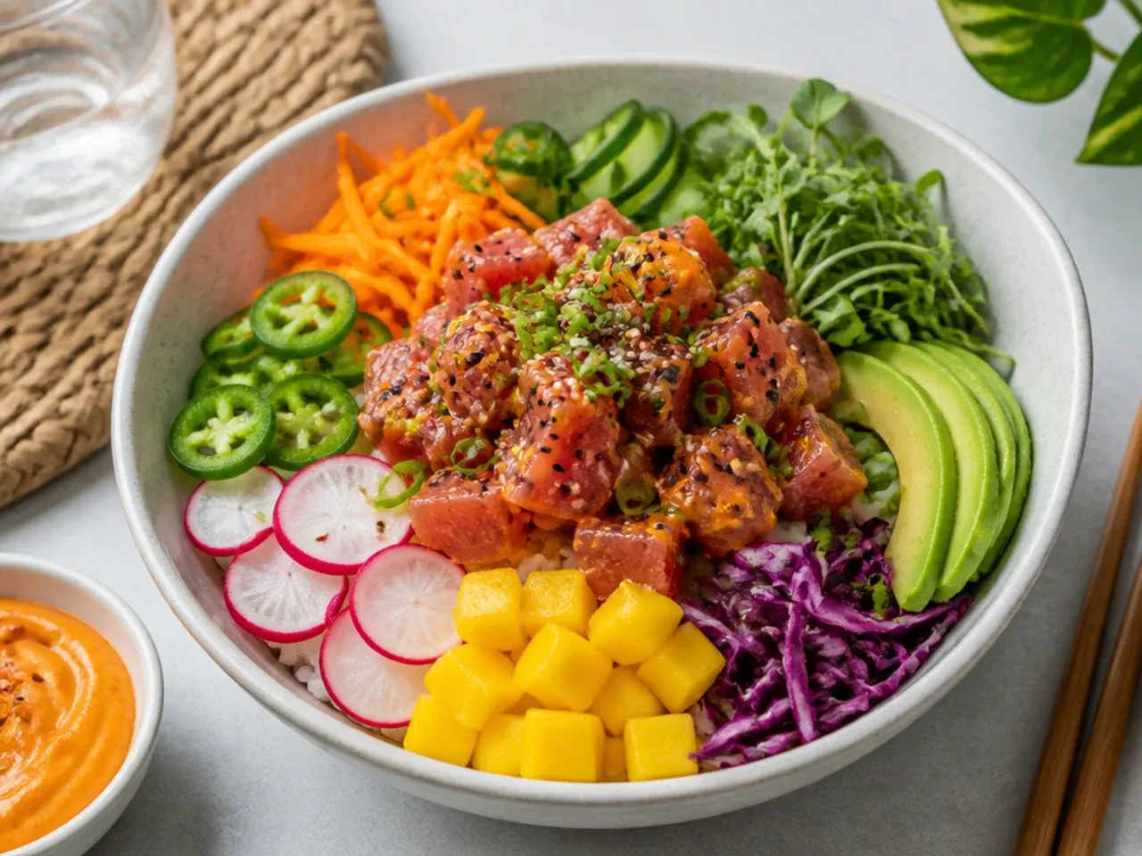 Colorful rainbow spicy tuna sushi bowl ringed with vegetables and mango
