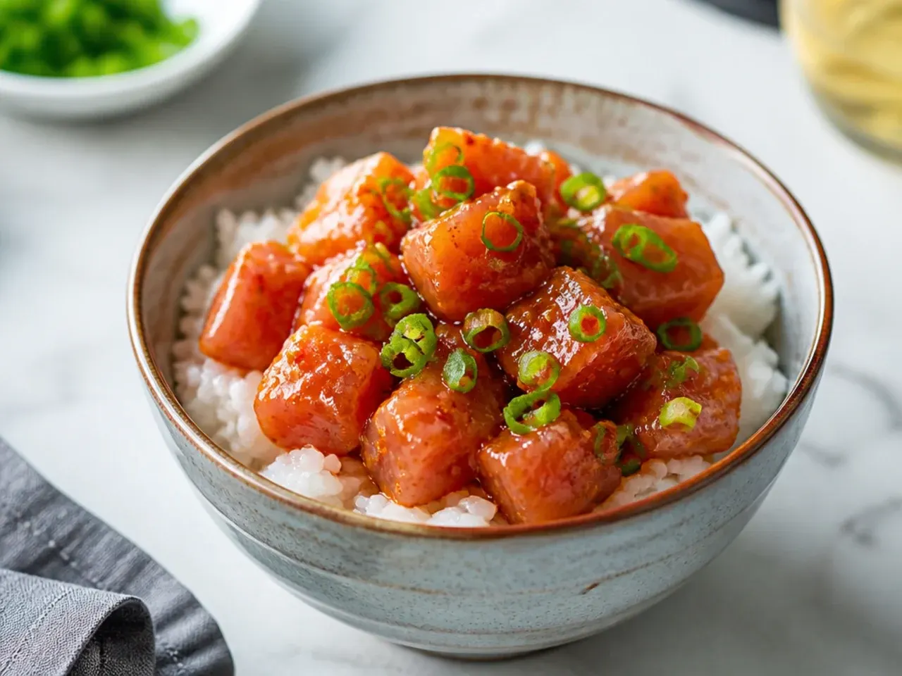 Minimal three-ingredient spicy tuna bowl with rice and scallion