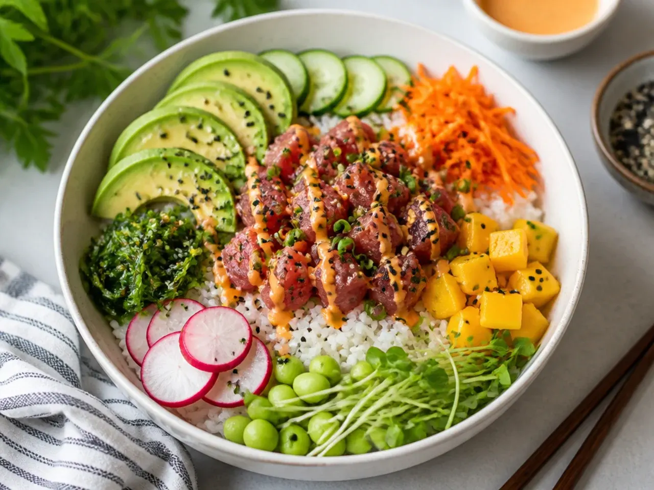 Spicy tuna party platter sushi bowl with build-your-own toppings