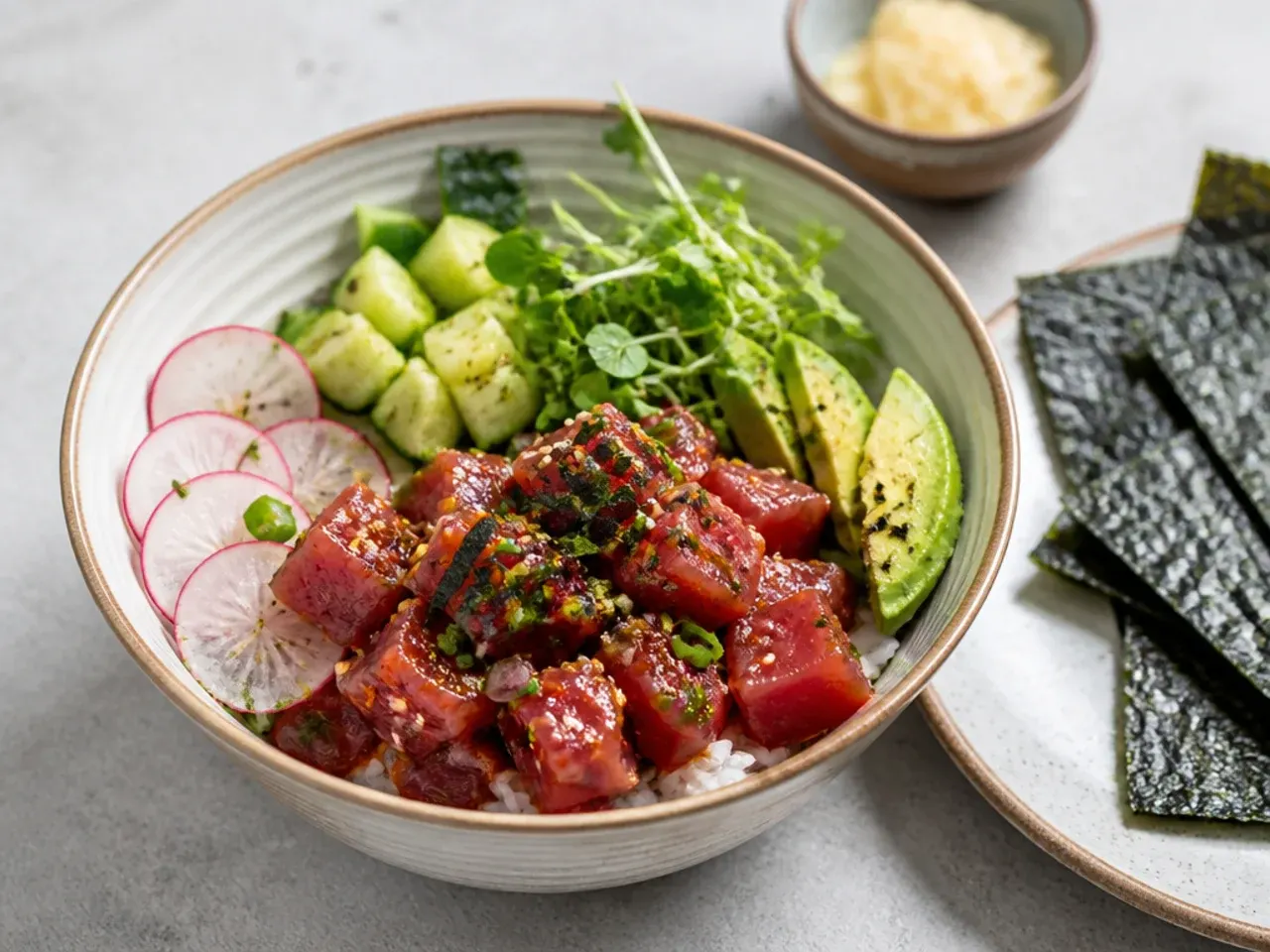 Spicy tuna nori taco bowl with crisp seaweed squares for scooping