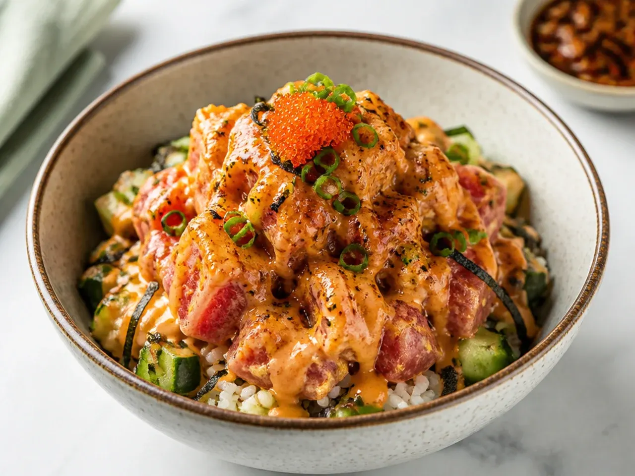 Volcano spicy tuna sushi bowl with warm baked topping and chili crisp