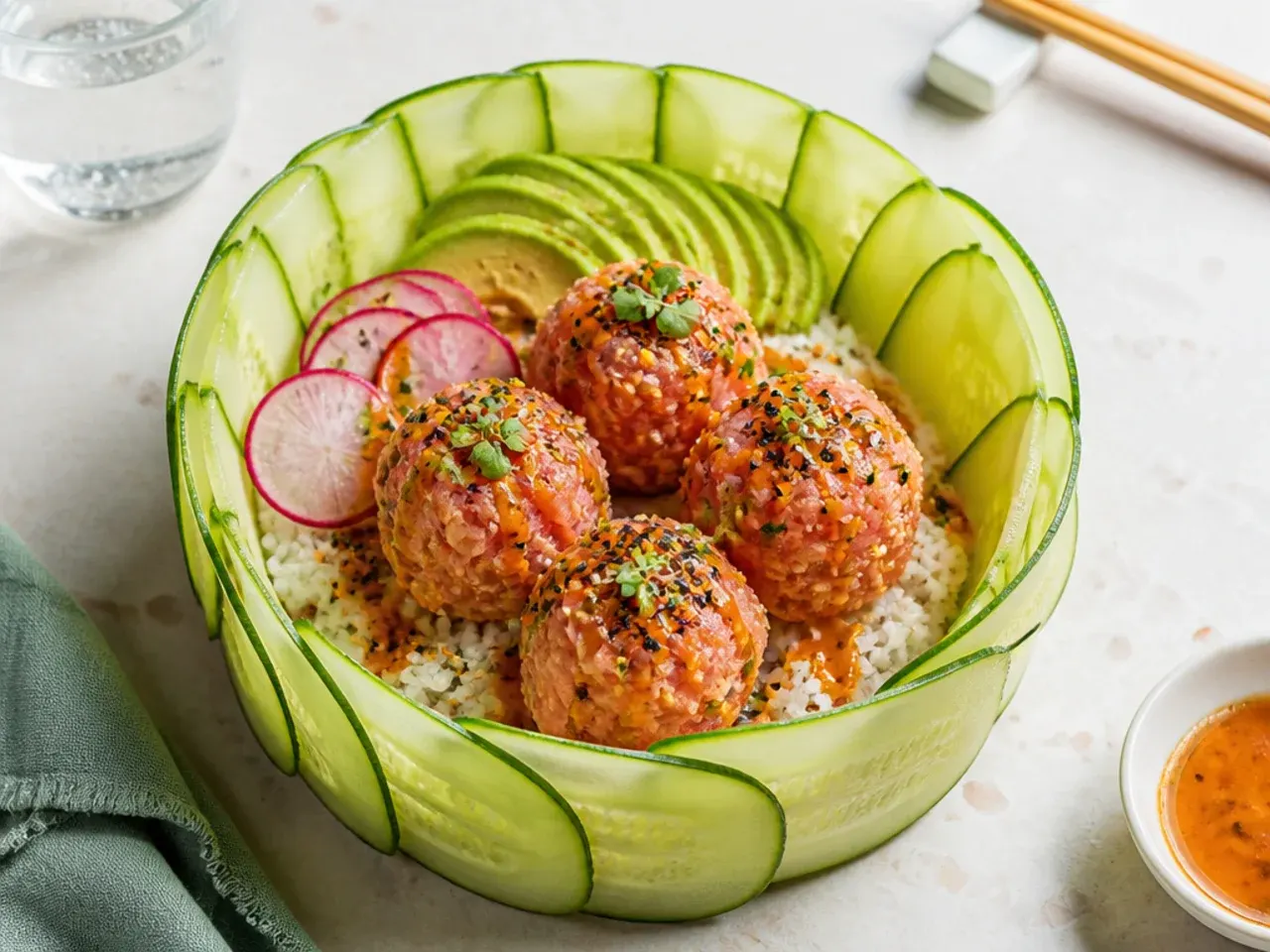 Delicate cucumber-wrapped spicy tuna bowl with quenelles of tuna