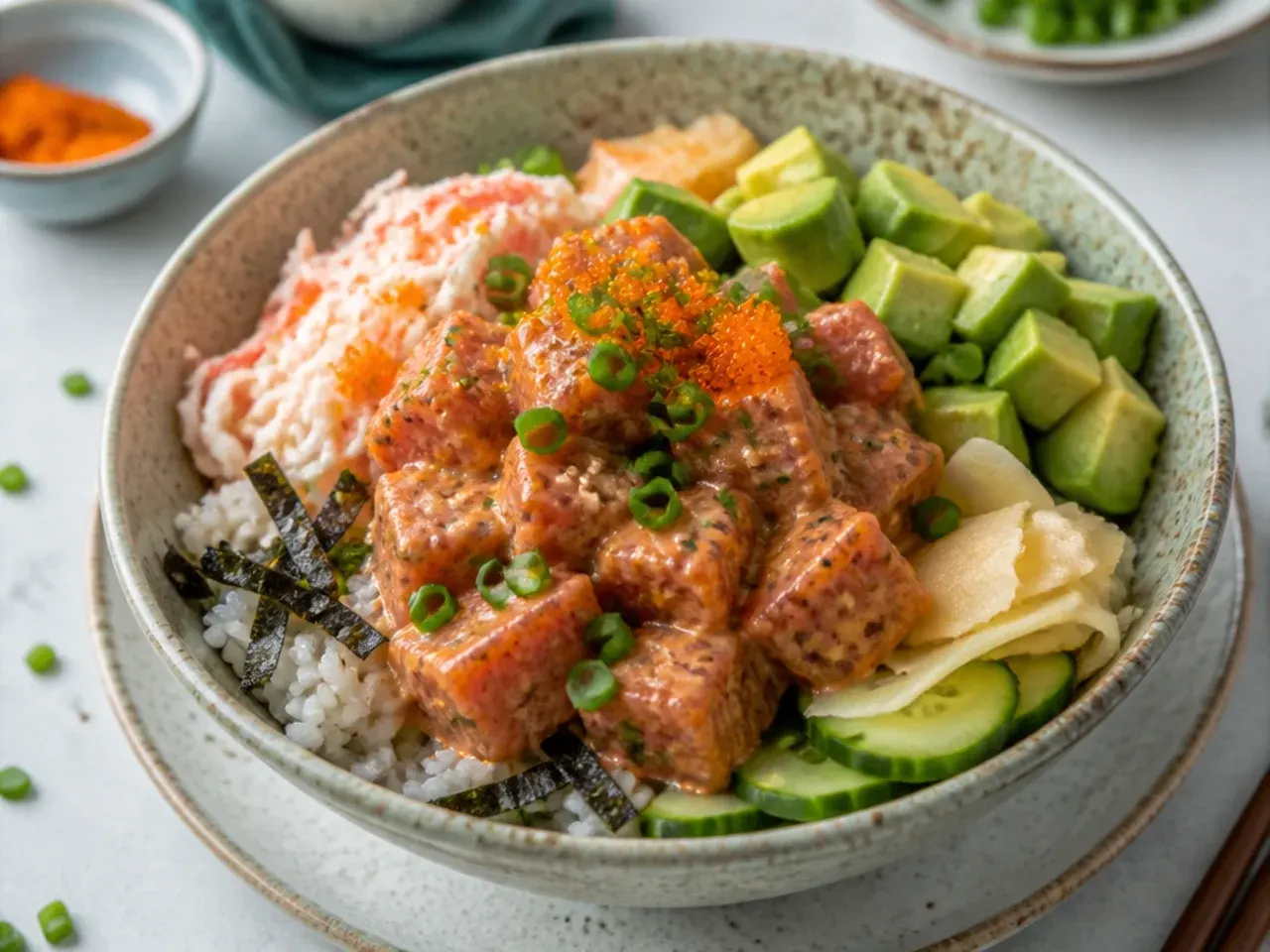 Vintage California-style spicy tuna sushi bowl with crab, avocado and masago