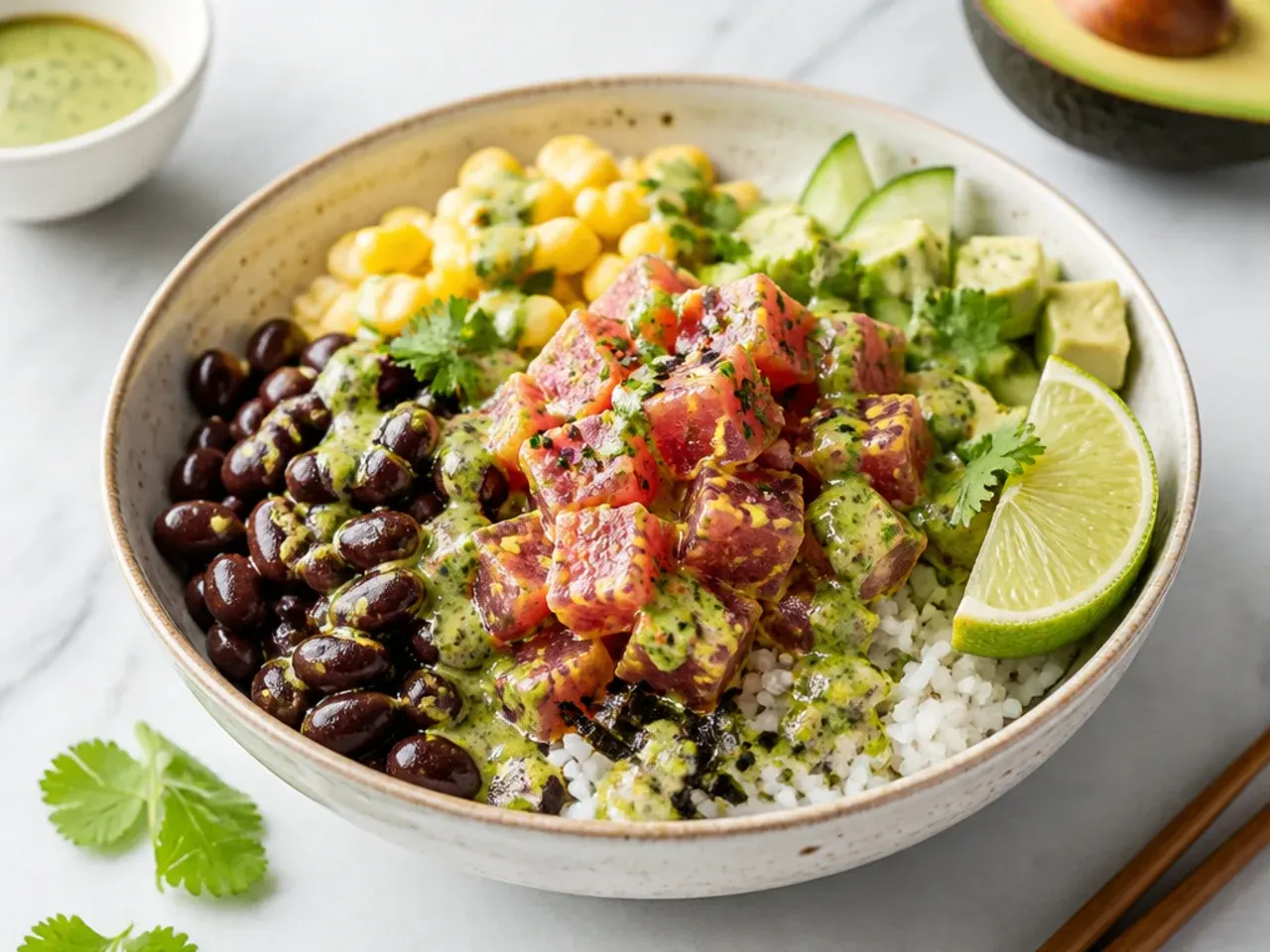 Spicy tuna sushi burrito bowl with beans, corn and lime-cilantro drizzle
