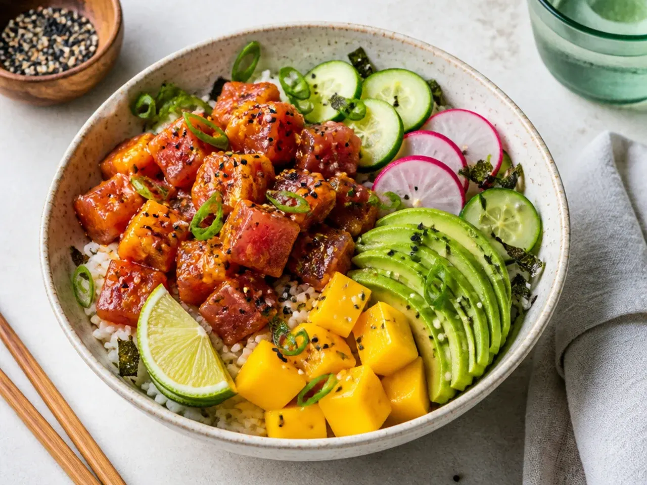 Spicy tuna and mango sushi bowl with avocado and lime