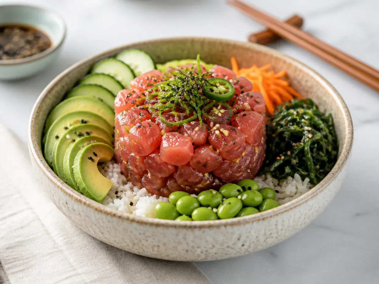 Tuna tartare-style sushi bowl with finely diced tuna in a ring mold
