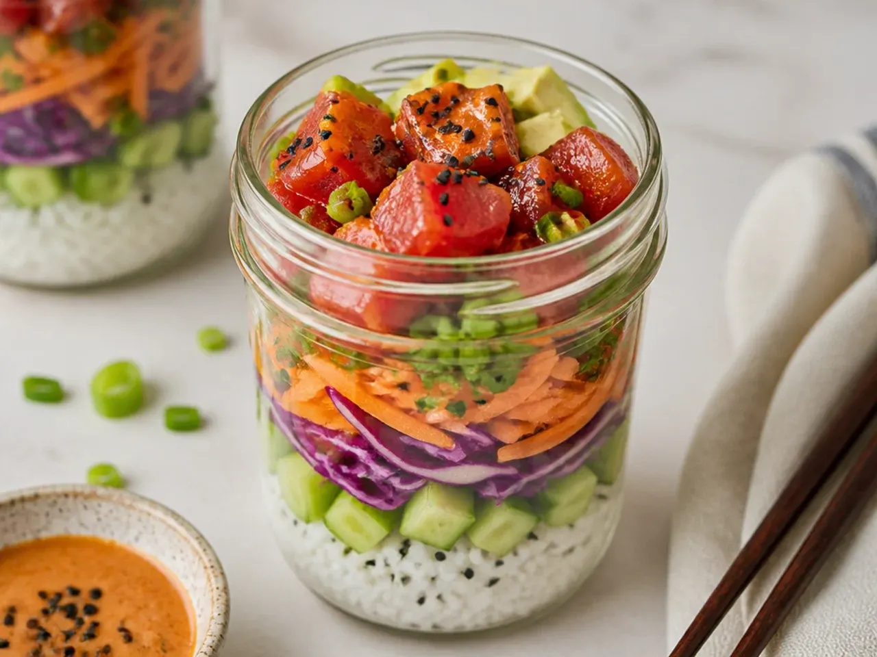 Spicy tuna meal-prep sushi bowl jars layered for grab-and-go lunches