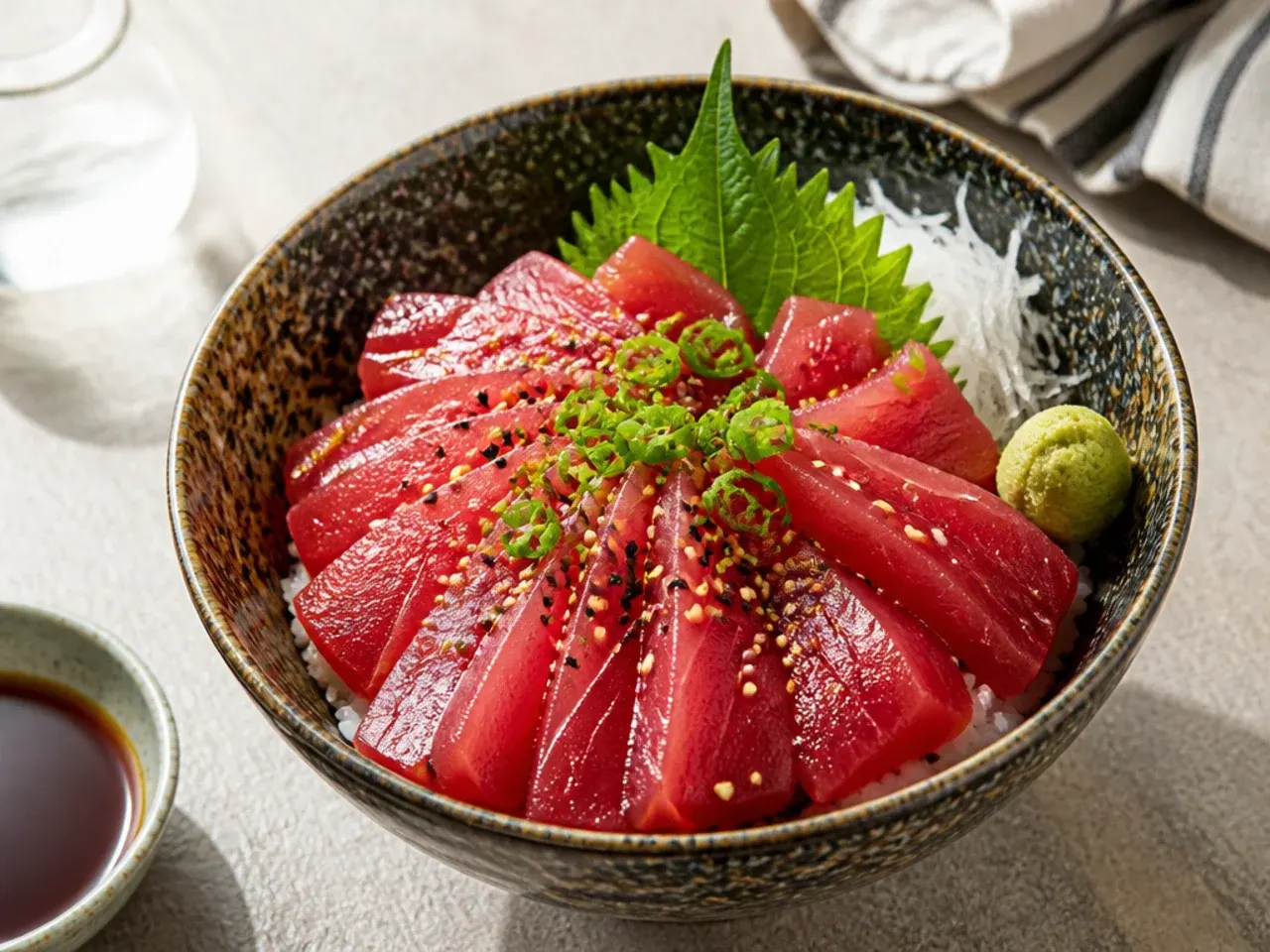 Sushi-grade tuna sashimi bowl with fanned tuna slices and wasabi