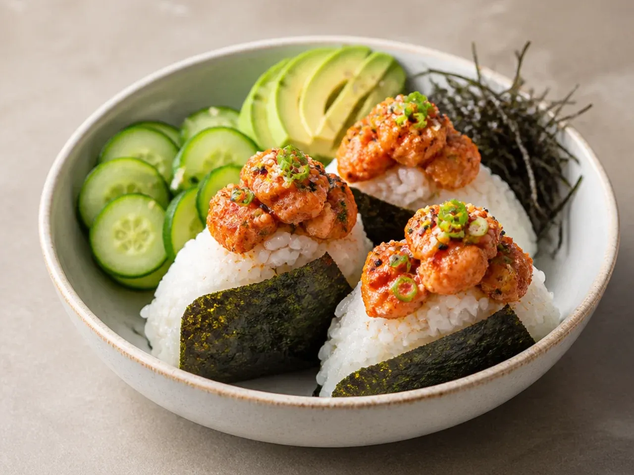 Spicy tuna onigiri bowl with rice triangles wrapped in nori