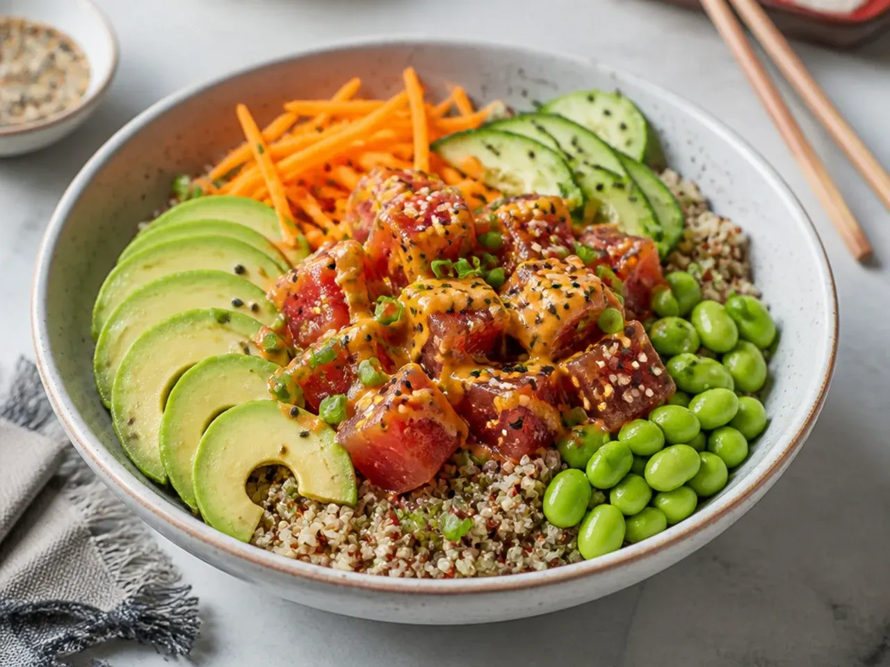 Modern spicy tuna grain bowl with quinoa, edamame and avocado