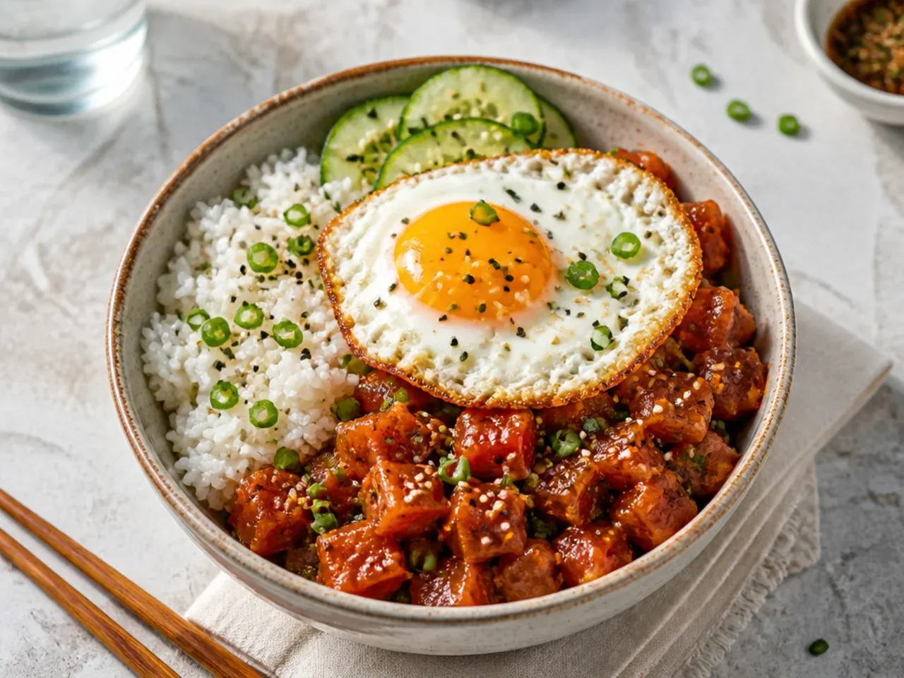 Rustic spicy tuna rice bowl topped with a crispy-edged fried egg