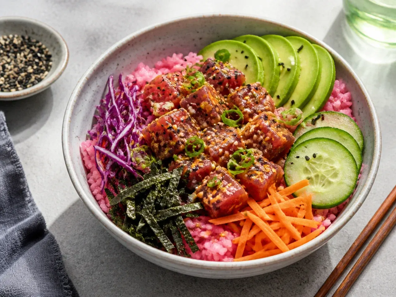Colorful beet-tinted pink rice spicy tuna sushi bowl
