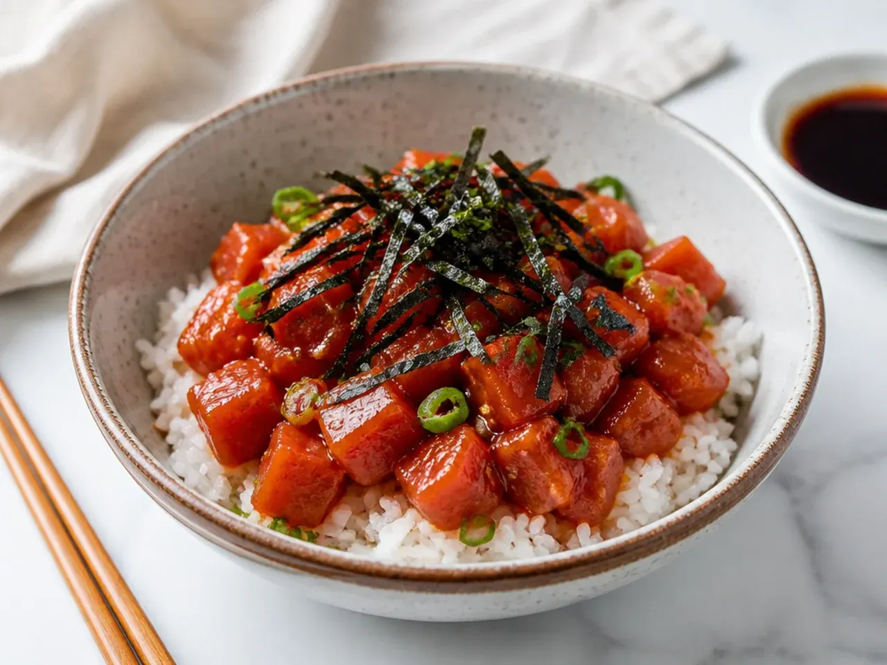 Minimal spicy tuna donburi with tuna over rice and nori strips