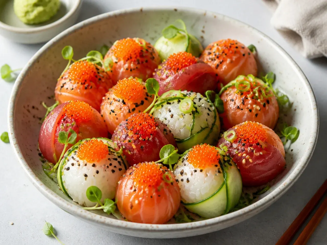 Festive temari-style spicy tuna sushi bowl with rice balls and masago