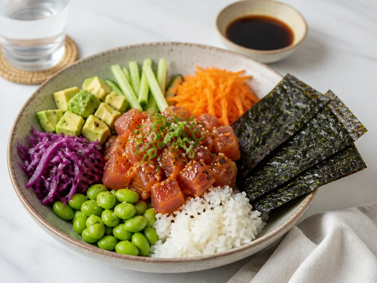 Deconstructed spicy tuna hand roll bowl with crisp nori for self-assembly