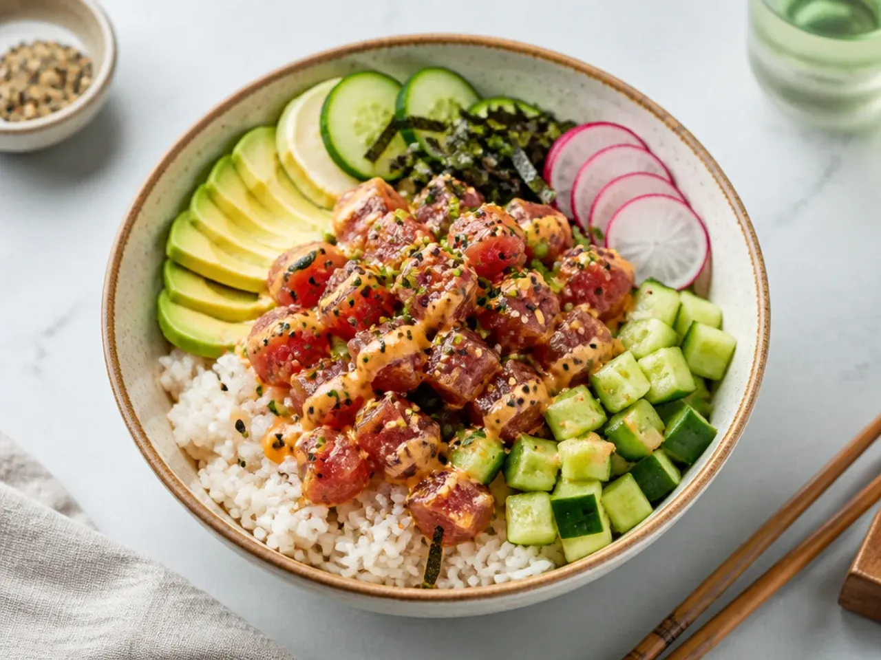 Pro tips for the best spicy tuna sushi bowl with glossy seasoned rice