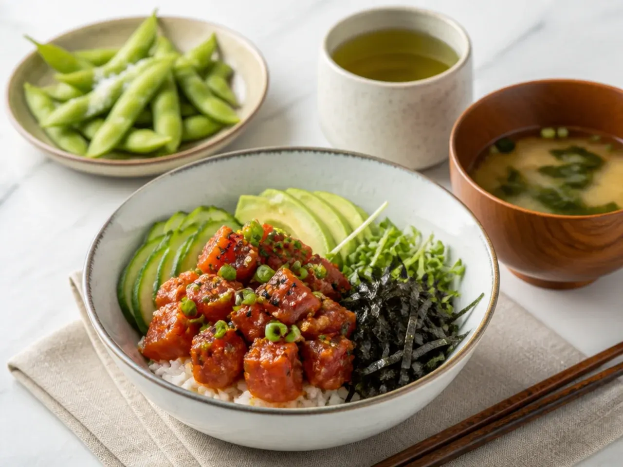 Spicy tuna sushi bowl served with miso soup, edamame and green tea