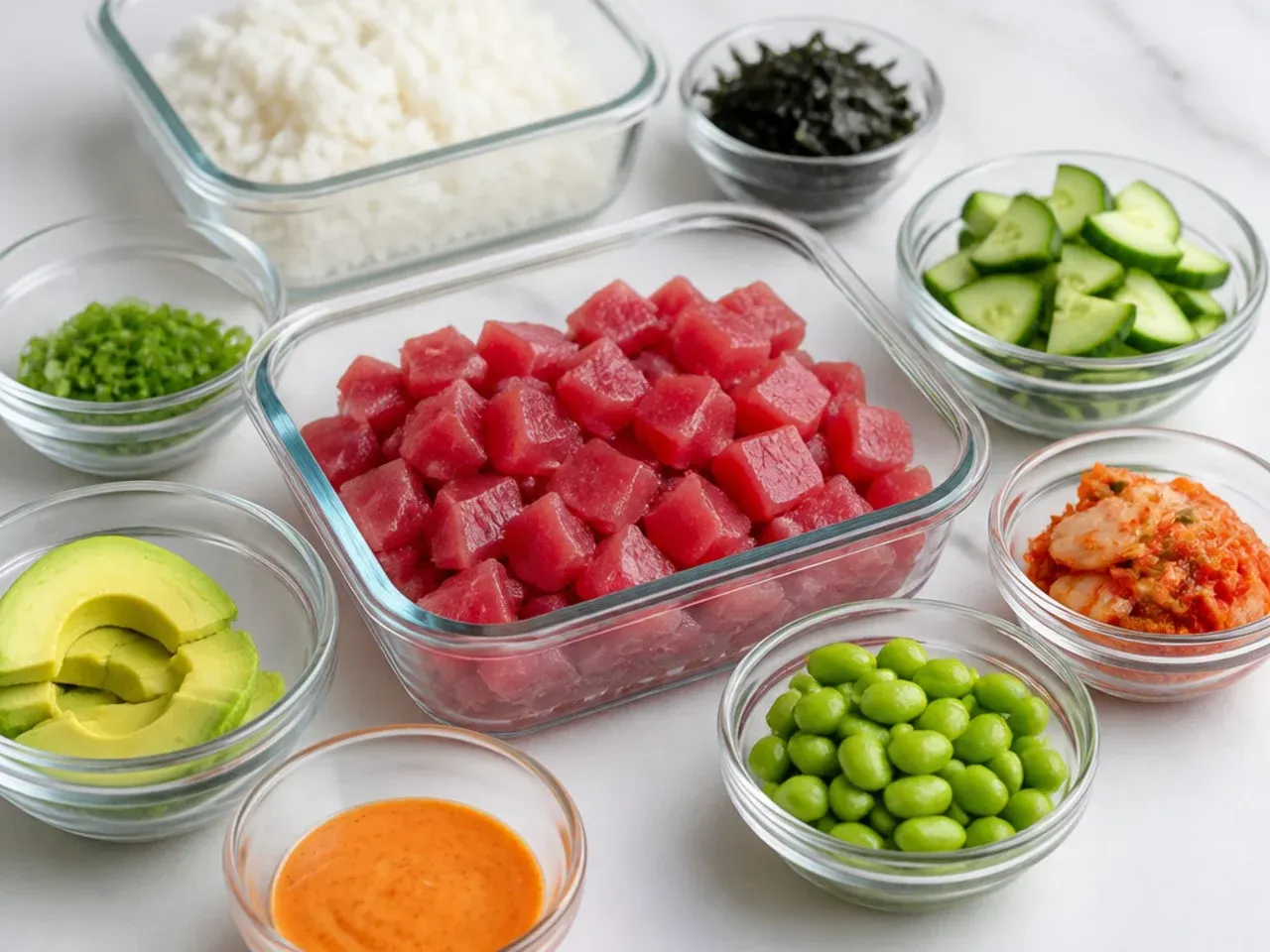 Spicy tuna sushi bowl components stored separately for the fridge