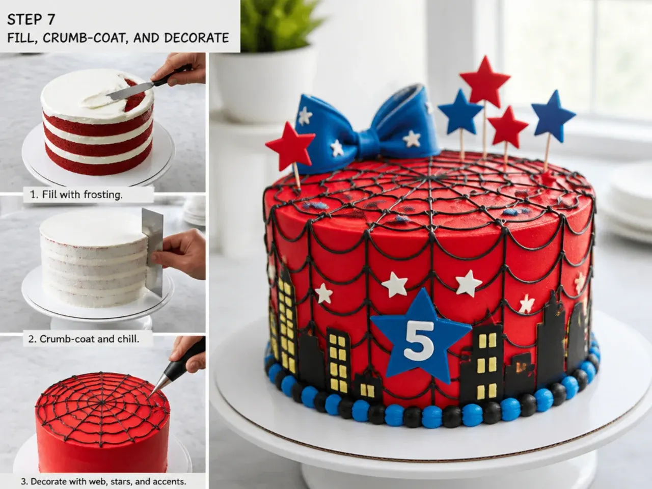 spiderman birthday cake — step 7: fill, crumb-coat, and decorate