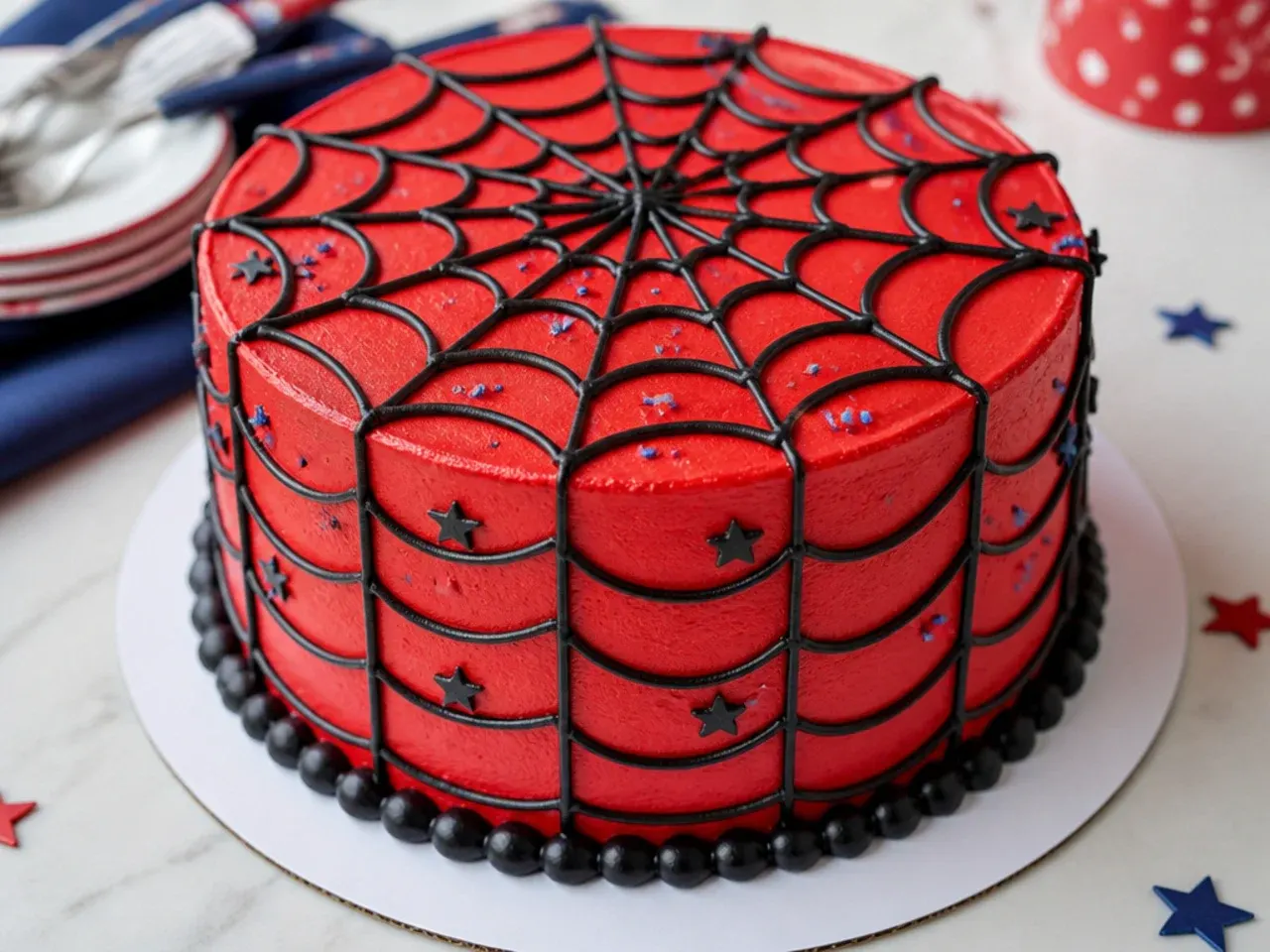 Round Spiderman birthday cake with red buttercream and black piped web pattern on top
