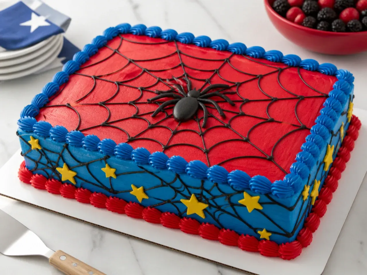 Easy Spiderman birthday sheet cake with red and blue buttercream and web design