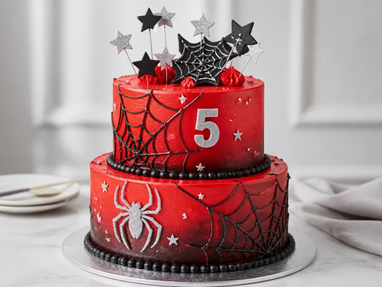 Elegant two-tier Spiderman birthday cake with red ombre buttercream and silver accents