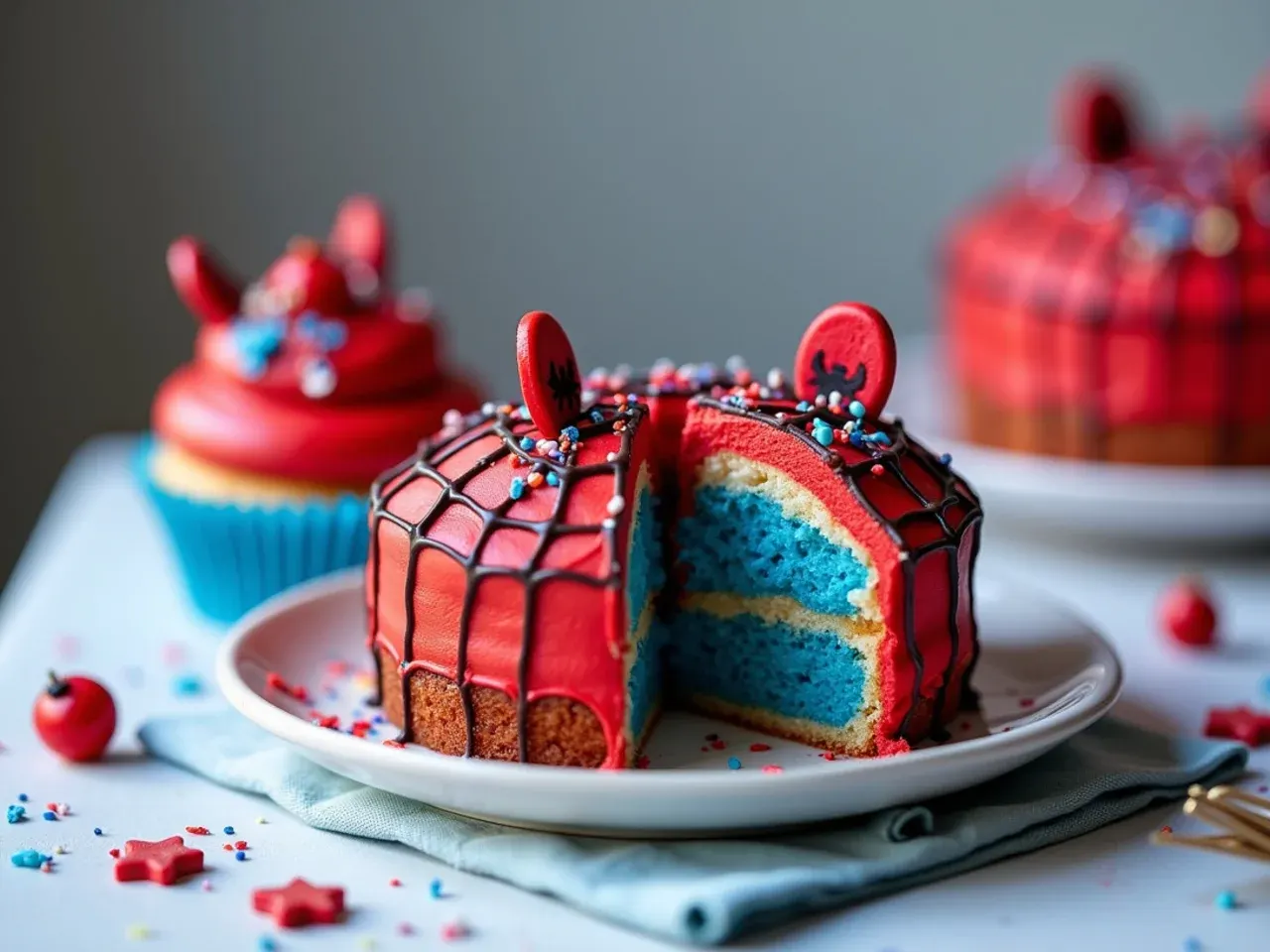 Playful Spiderman birthday pull-apart cupcake cake with red and blue frosting