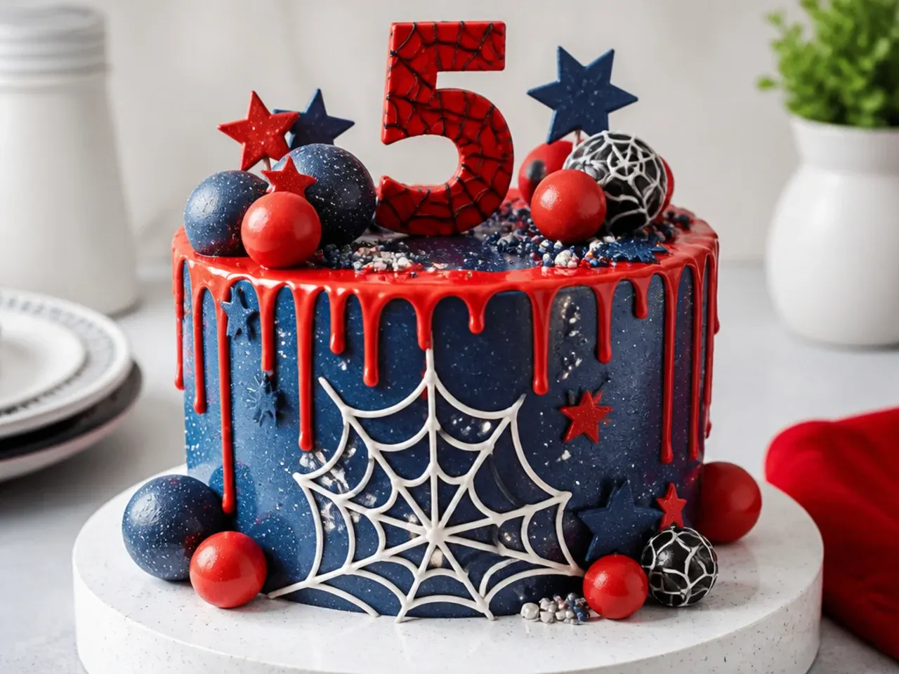 Modern Spiderman birthday cake with navy buttercream and red chocolate drip