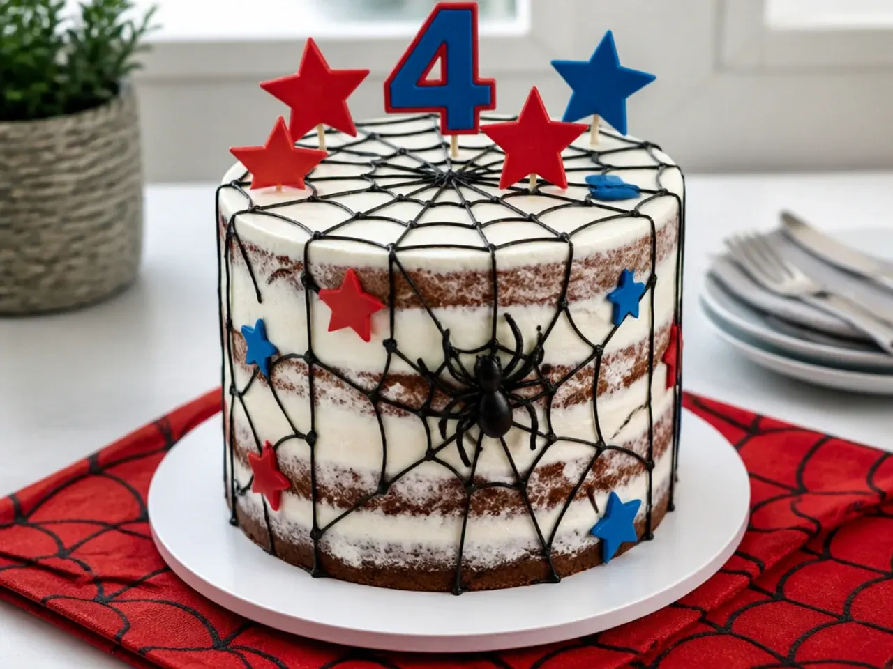 Rustic semi-naked Spiderman birthday cake with exposed sponge and web design