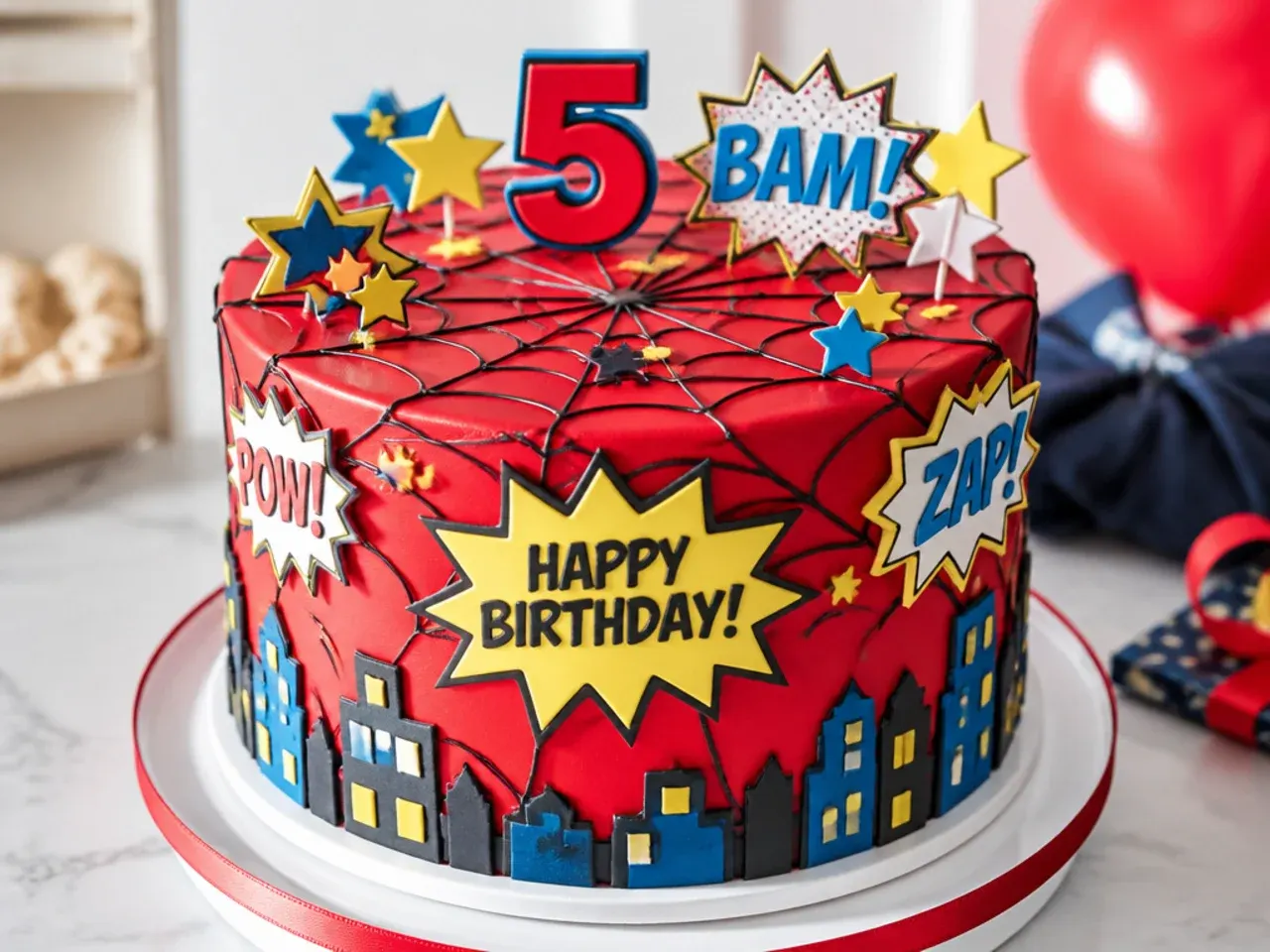 Colorful comic-book style Spiderman birthday cake with pop-art speech bubbles