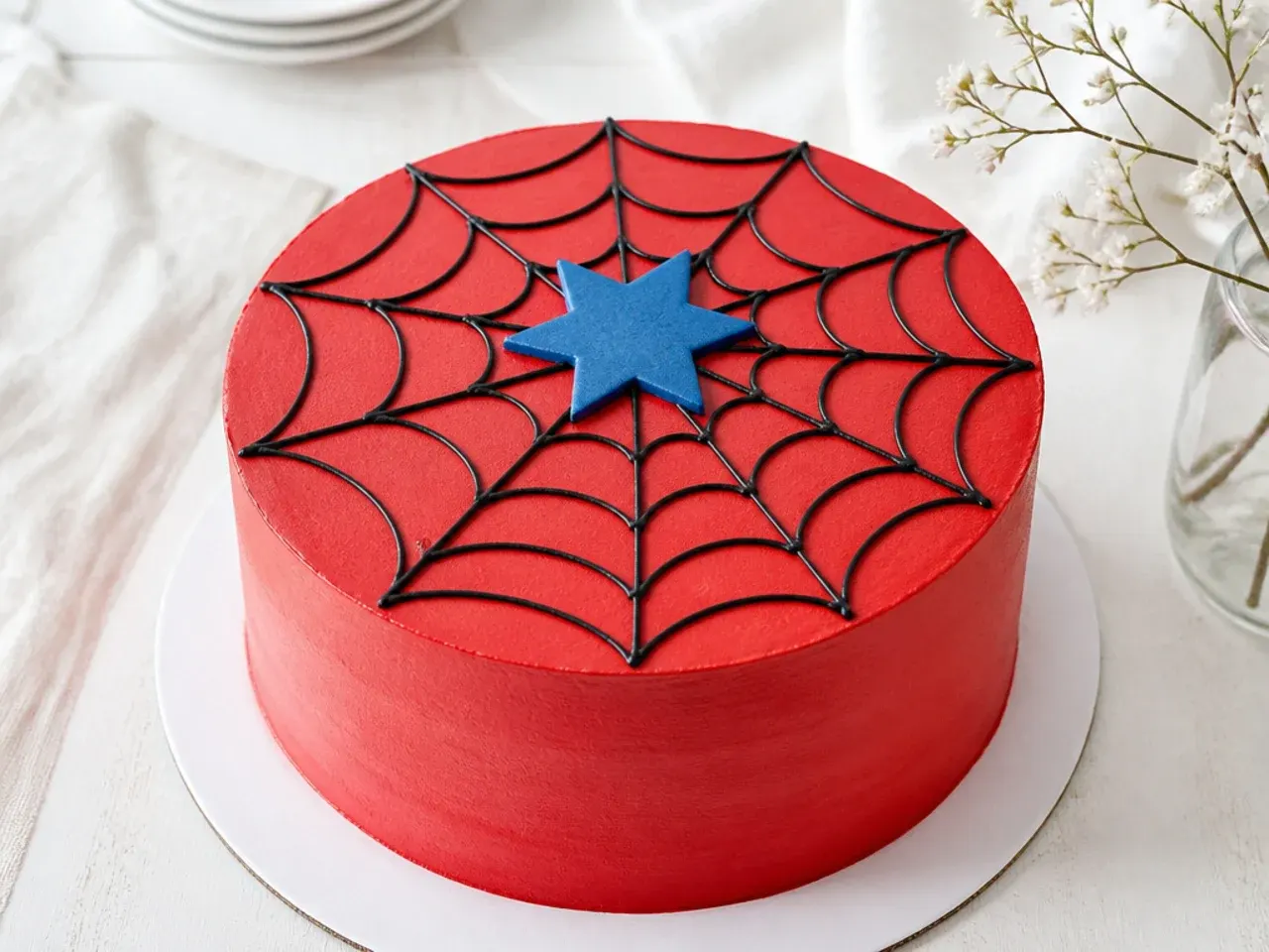 Minimal Spiderman birthday cake with smooth red buttercream and single blue star